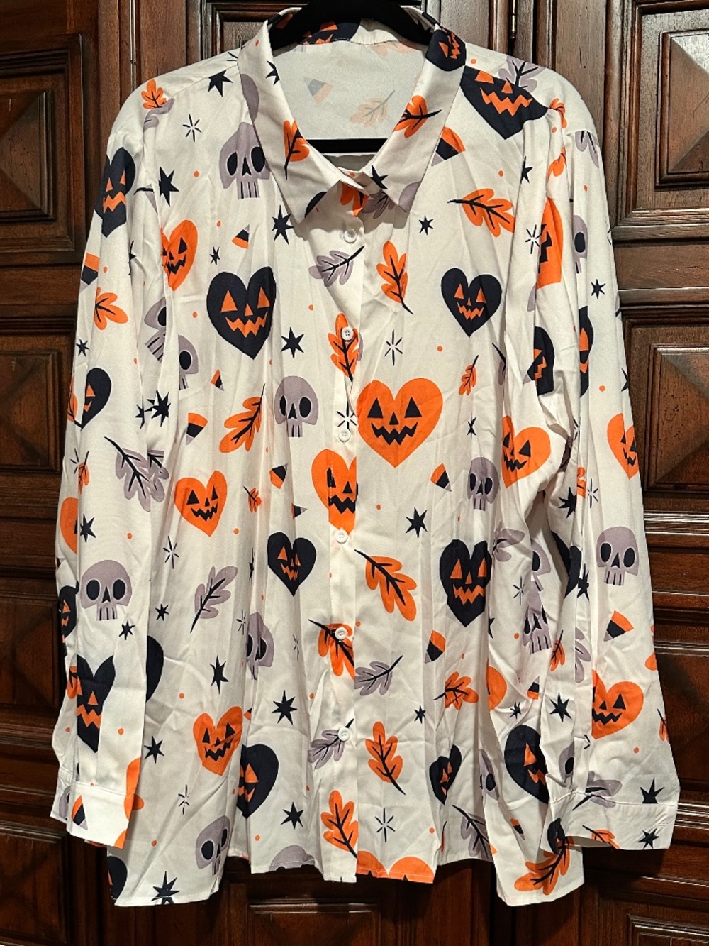 Size 4X Halloween Festival Fall Pumpkin Skull button down long sleeve blouse